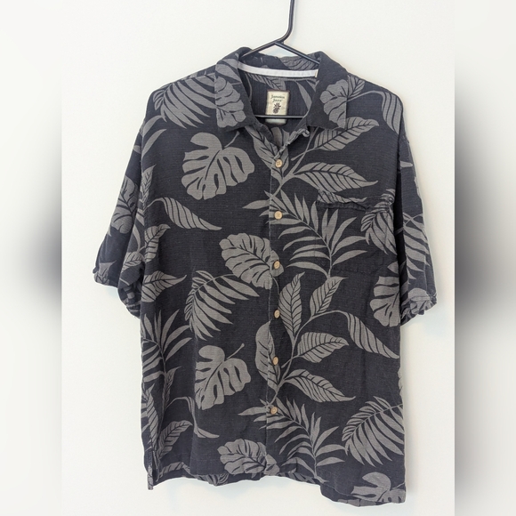 Jamaica Jaxx Men's 100% Silk Black Gray Floral Leaves Hawaiian Aloha Shirt, Sz L - Picture 2 of 6